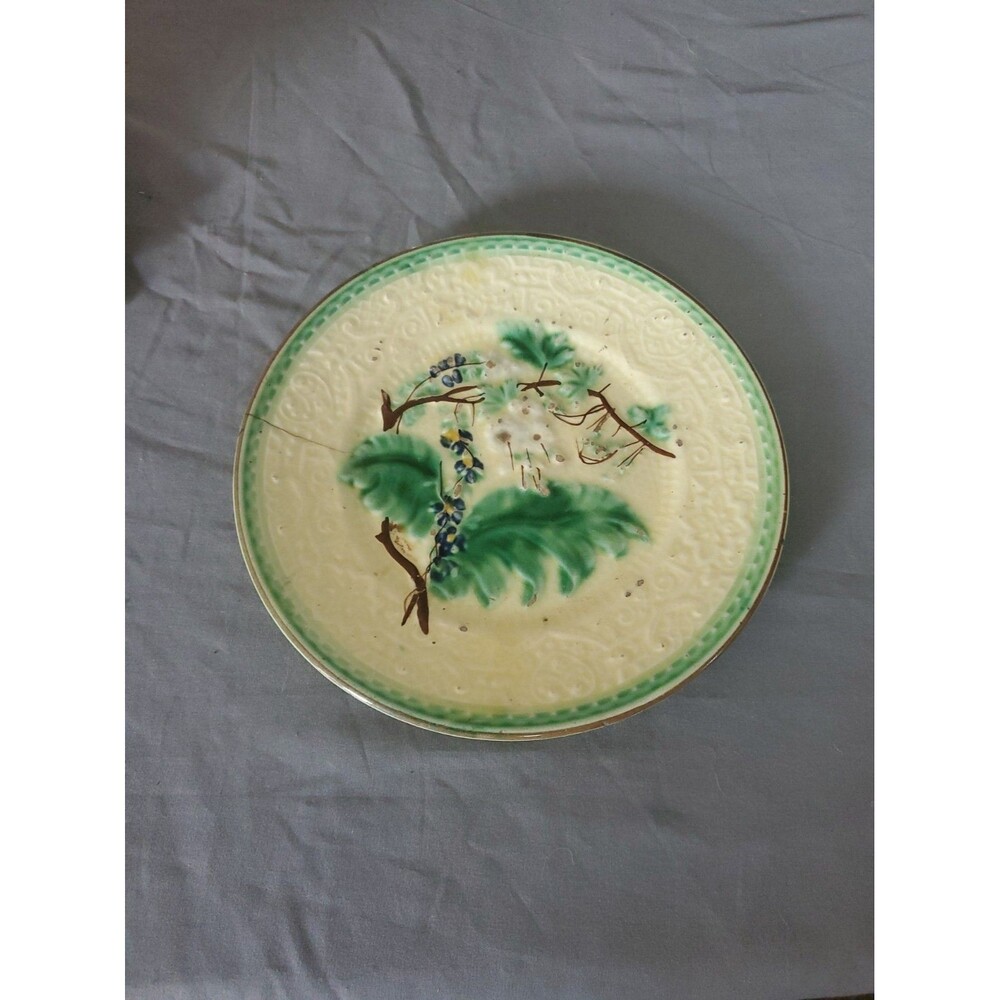 Antique Majolica Plate Yellow W/ Green White & Blue Flower Blossom